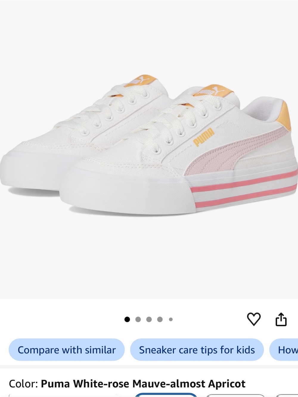 Puma Kids White Sneakers with Peach Accents